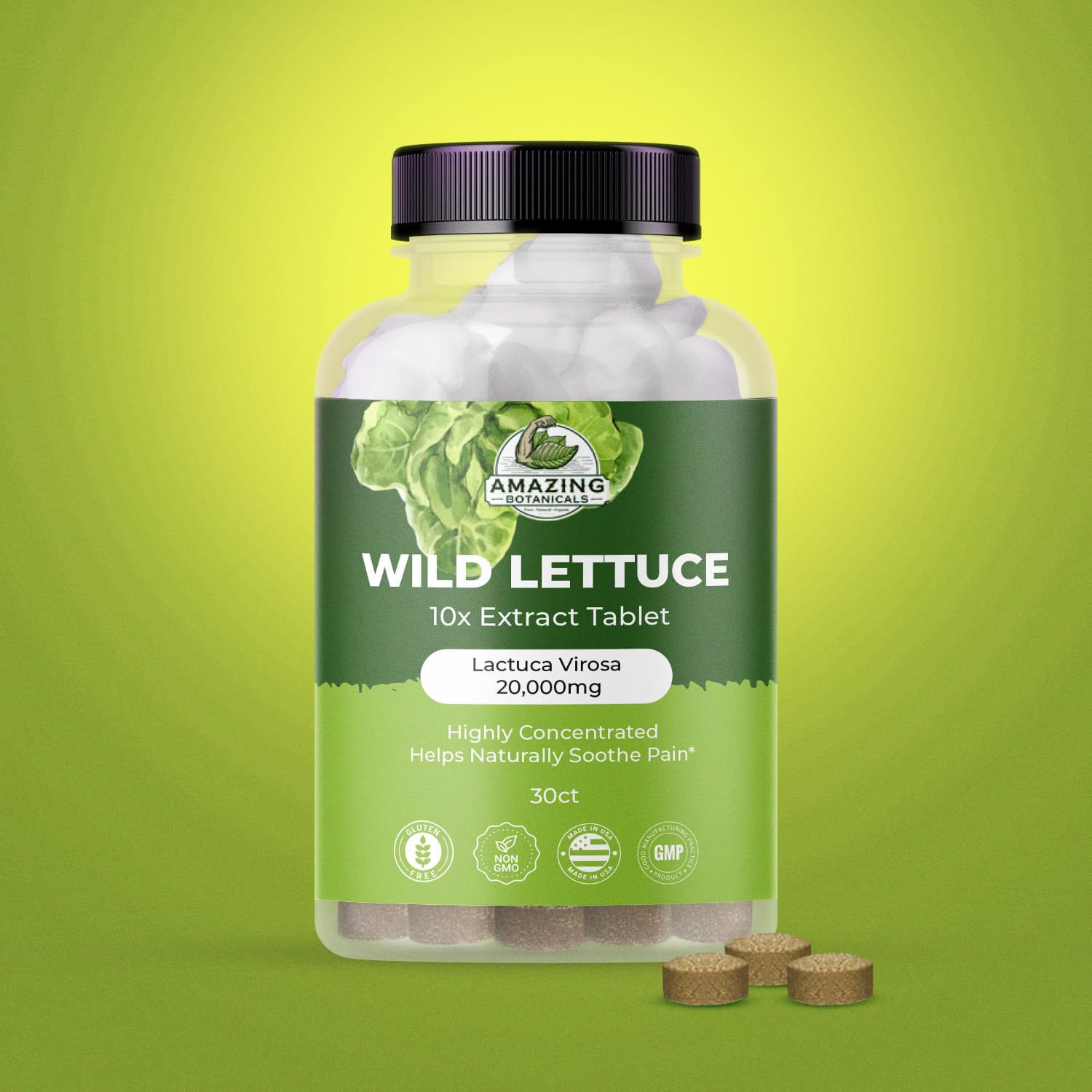 Close-up of a Wild Lettuce 10X extract tablet showing 2,000 mg equivalent