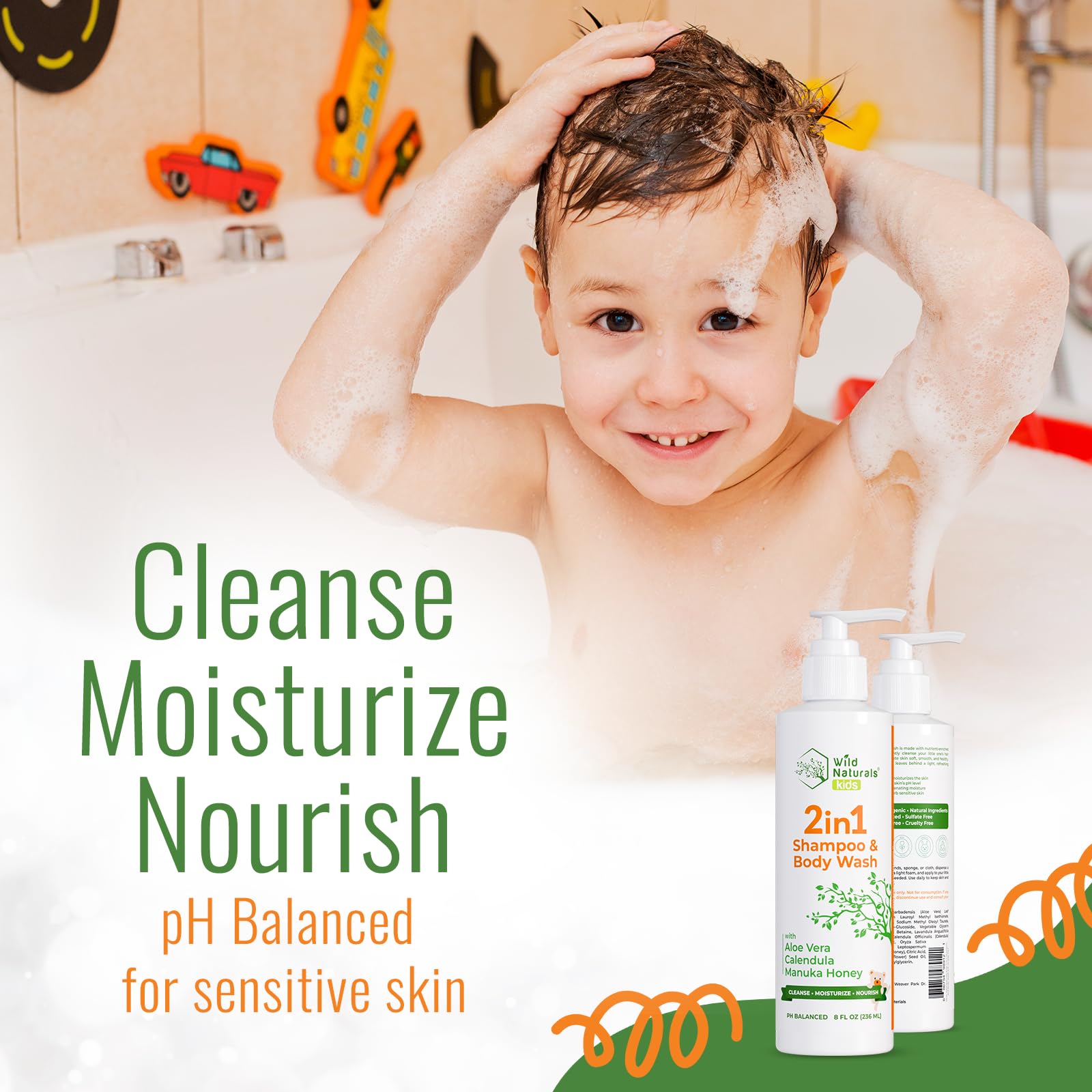 Baby shampoo and body wash being applied to the skin in a gentle lather