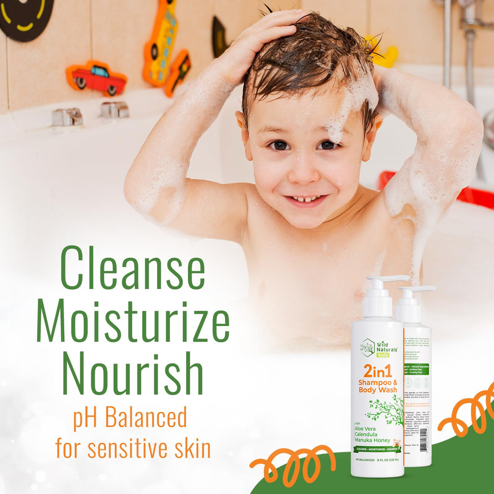 Baby shampoo and body wash being applied to the skin in a gentle lather