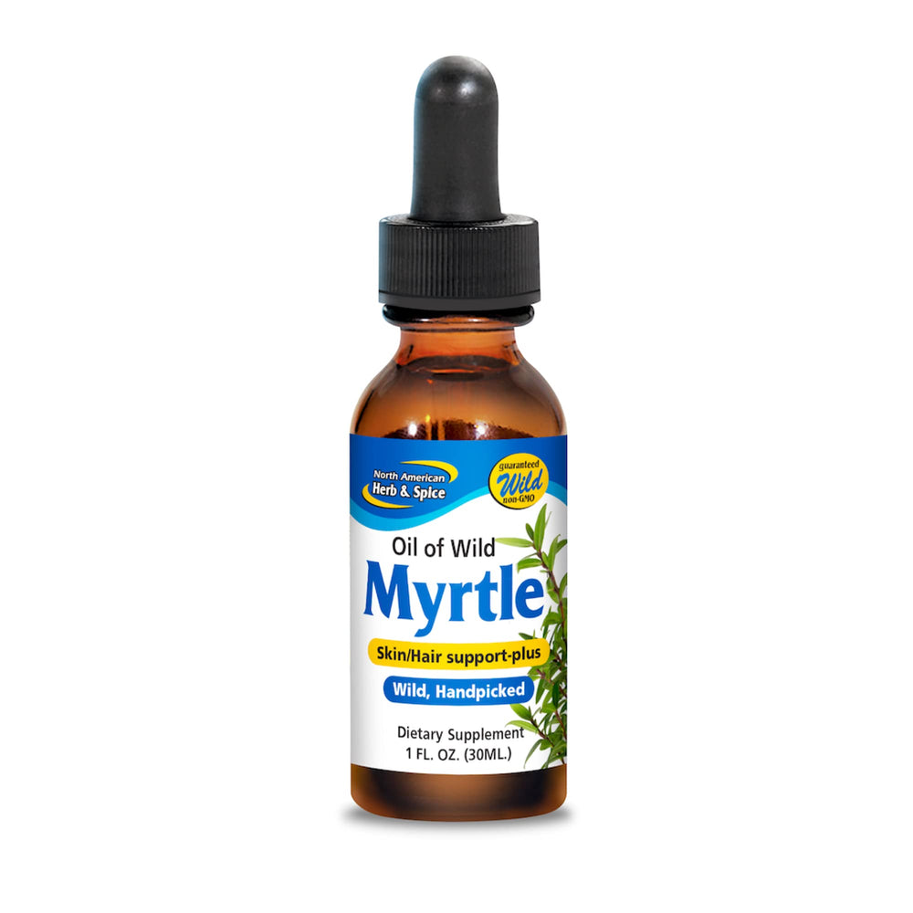 Front view of North American Herb & Spice Wild Oil of Myrtle 1 oz bottle