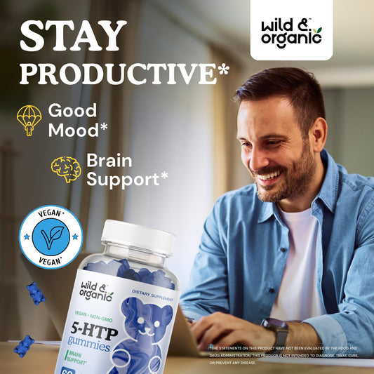 Back label with supplement facts for Wild & Organic 5-HTP Mood Gummies