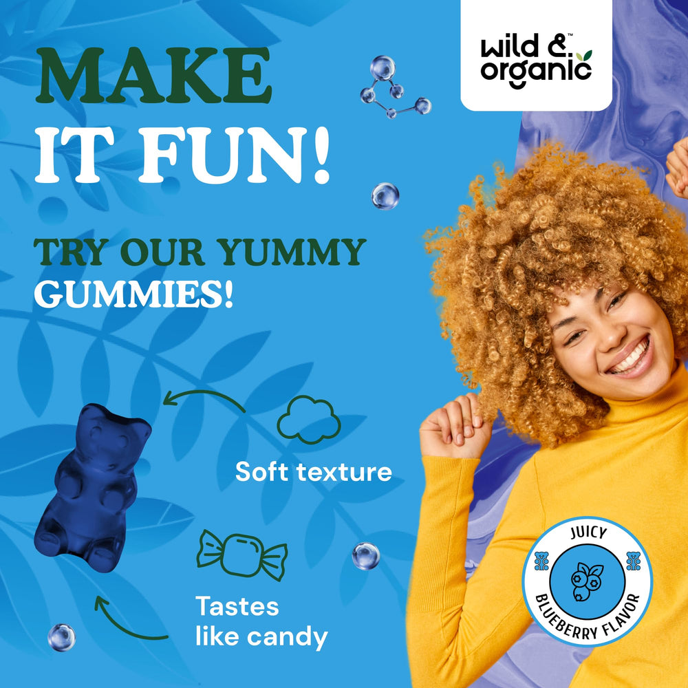 Close-up of Wild & Organic mood gummies blueberry flavor
