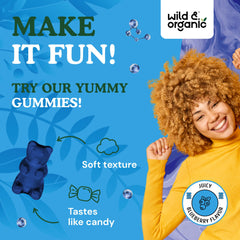 Close-up of Wild & Organic mood gummies blueberry flavor