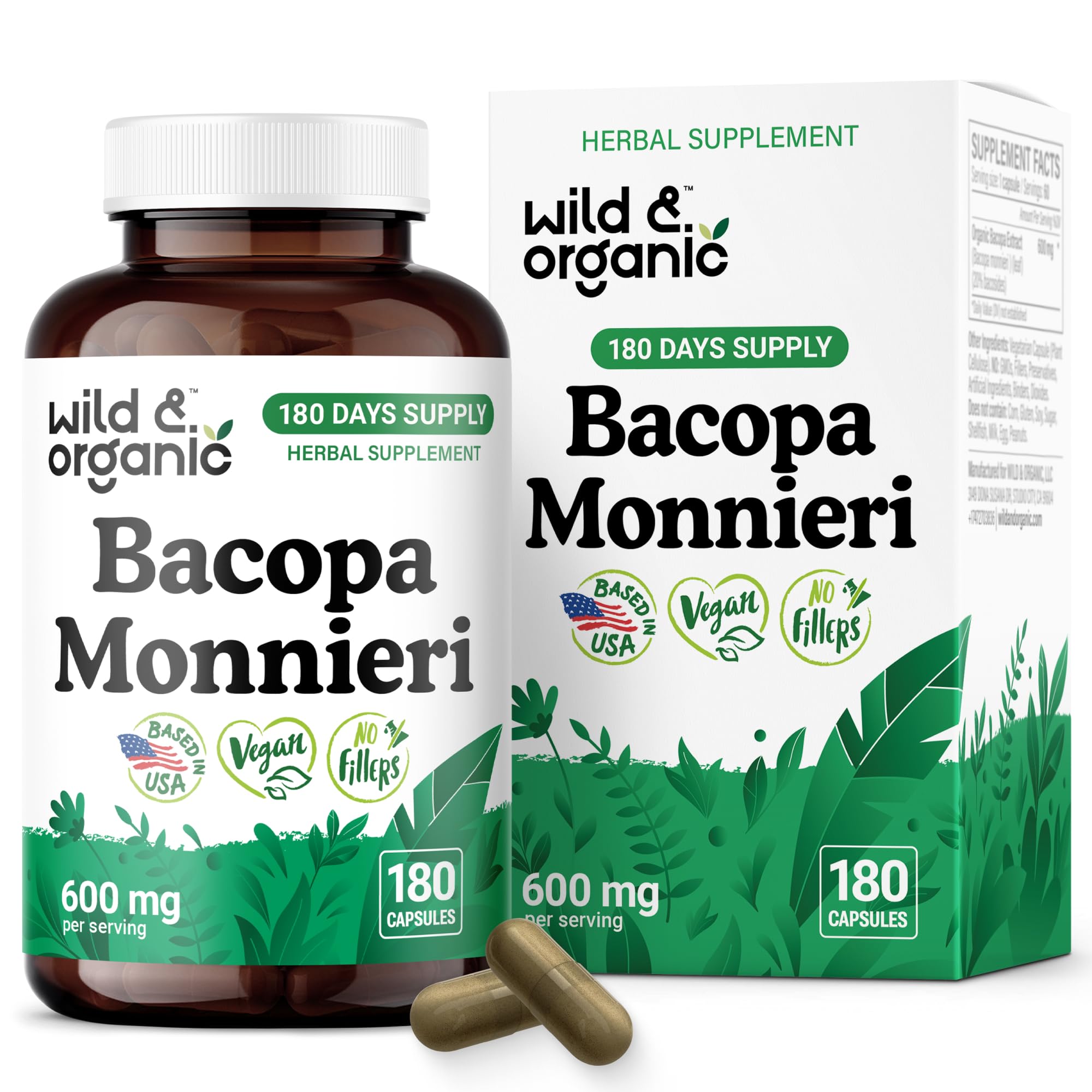 Bottle of Wild & Organic Bacopa Monnieri 600 mg capsules