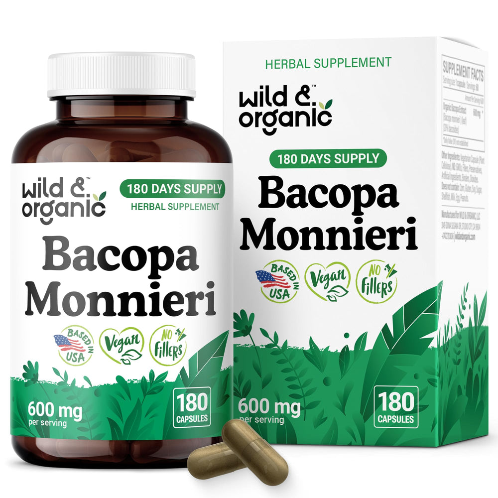 Bottle of Wild & Organic Bacopa Monnieri 600 mg capsules