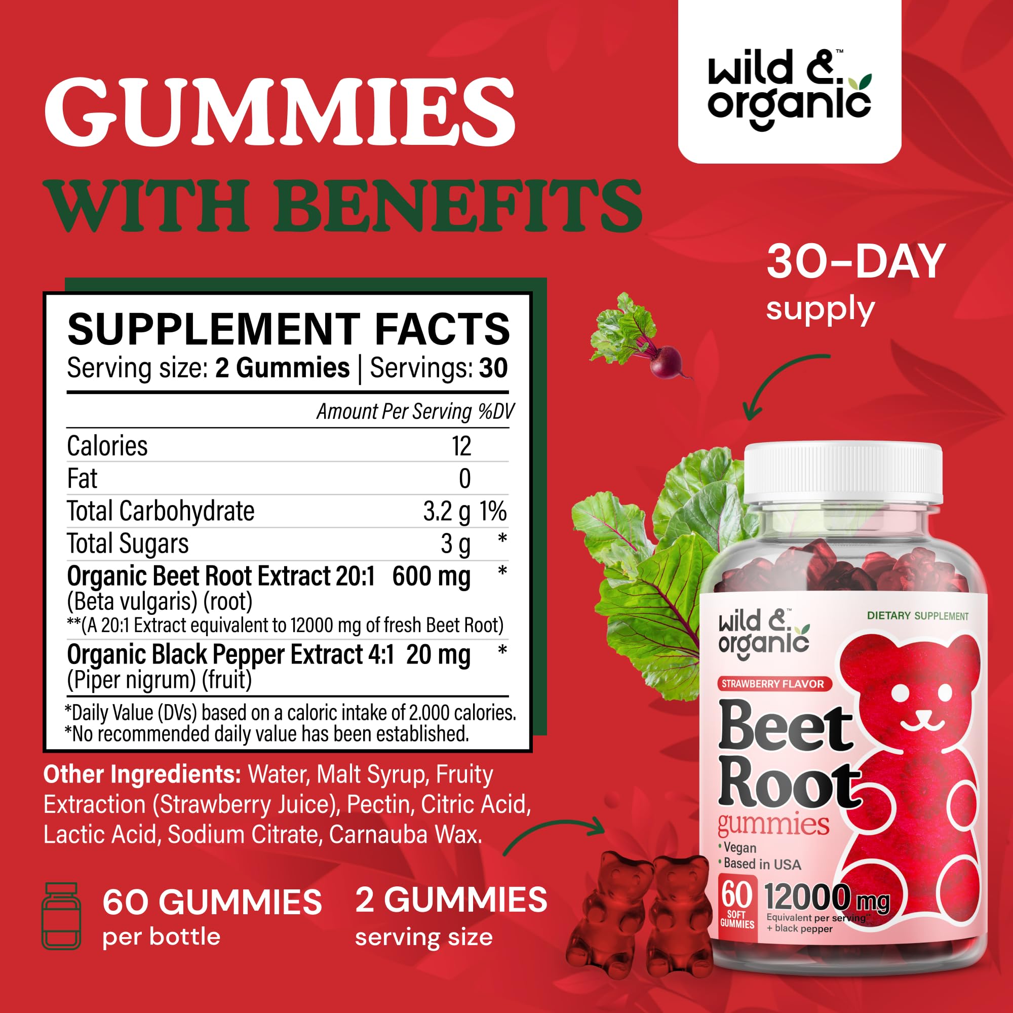 Beet Root Gummies bottle displaying 60-count