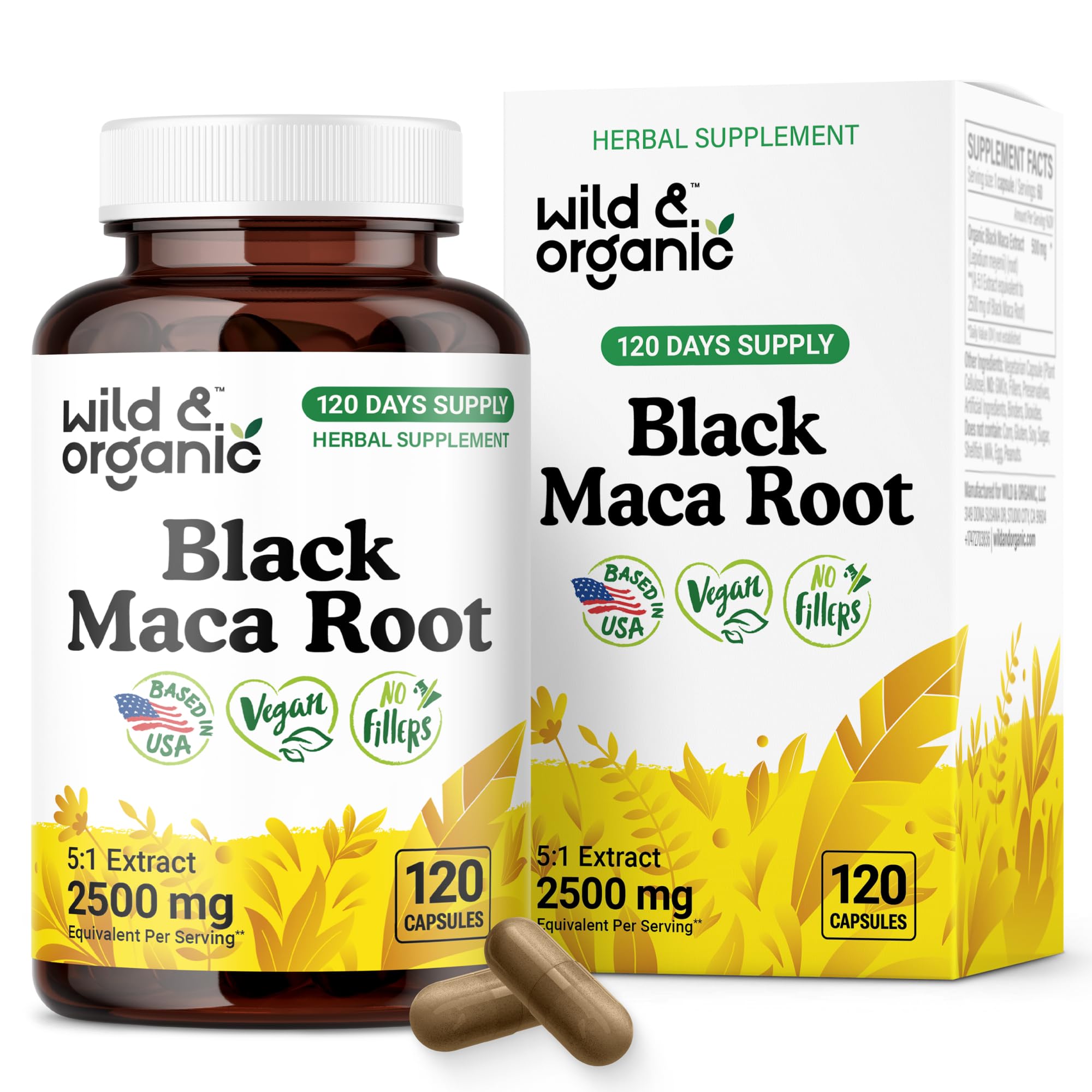Hero image of Wild & Organic Black Maca Root Capsules bottle with 500 mg per serving