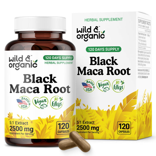 Hero image of Wild & Organic Black Maca Root Capsules bottle with 500 mg per serving
