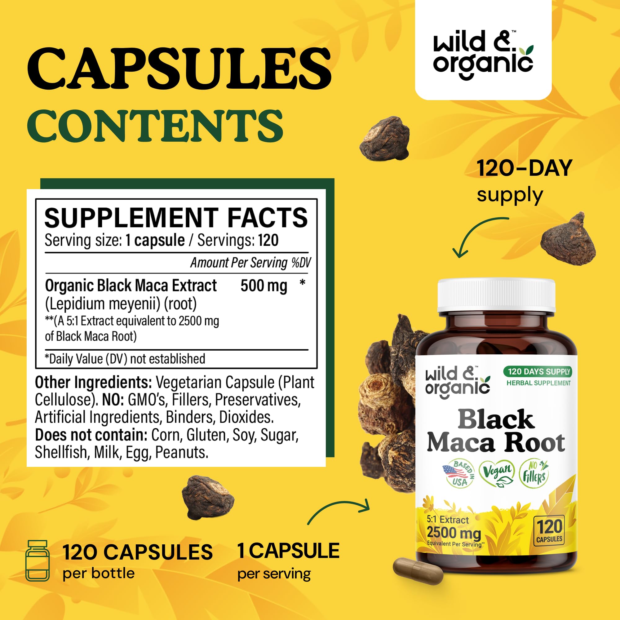 Close-up of Wild & Organic Black Maca Root Capsules (500 mg each)