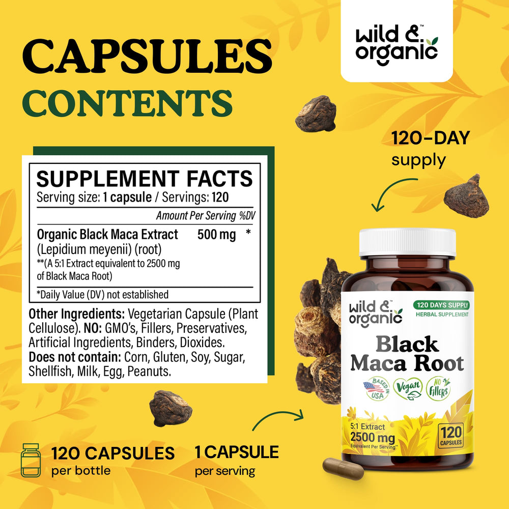 Close-up of Wild & Organic Black Maca Root Capsules (500 mg each)