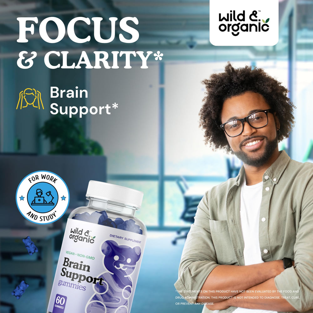 Close-up of Wild & Organic Brain Support Gummies bottle label