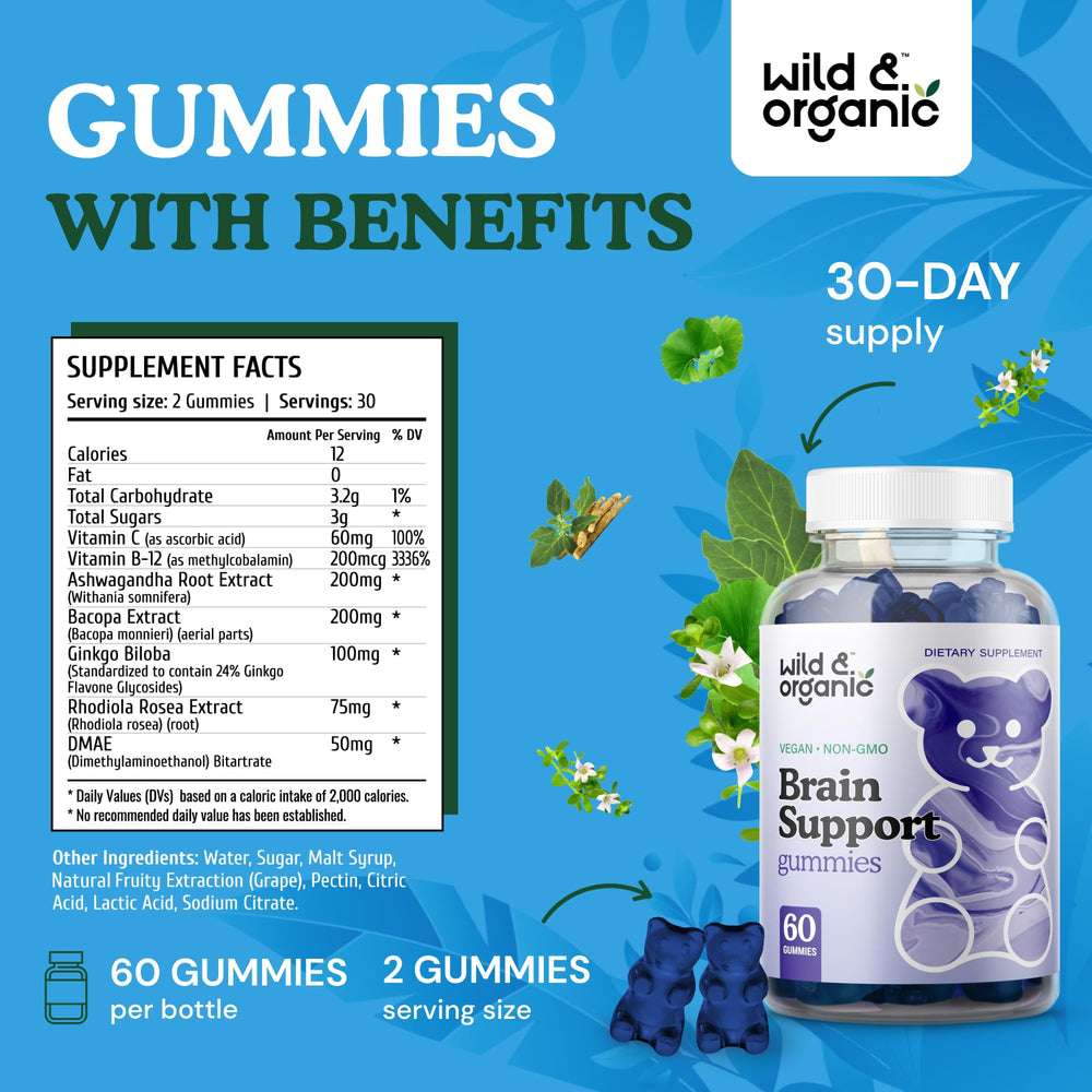 Grape-flavored brain support gummies on white background