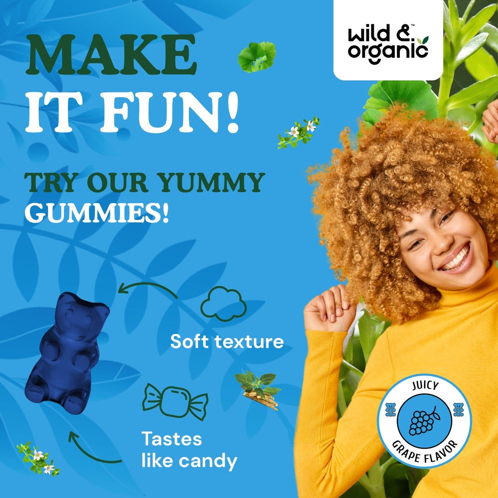 Vegan, GMO-free label on Wild & Organic Brain Gummies bottle