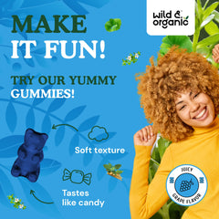 Vegan, GMO-free label on Wild & Organic Brain Gummies bottle