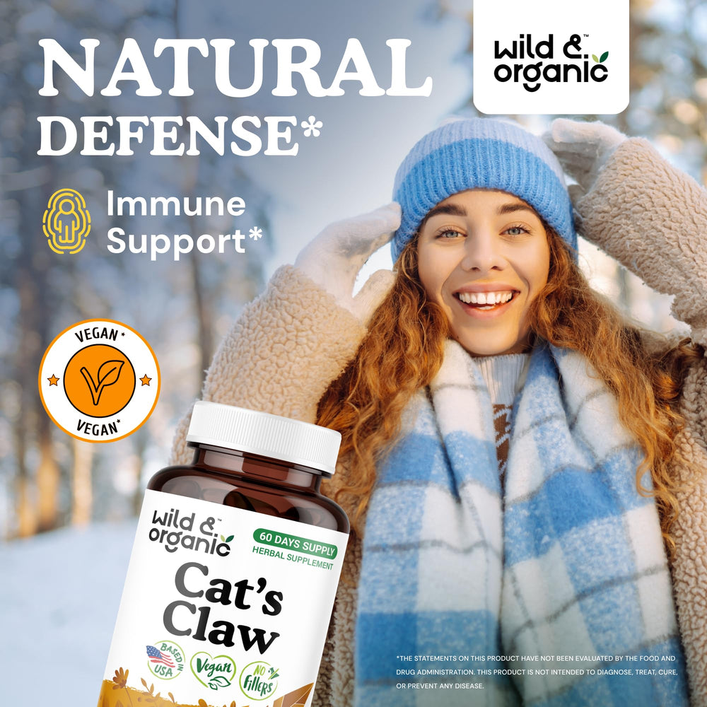 Close-up of Wild & Organic Cat Claw Capsules bottle label