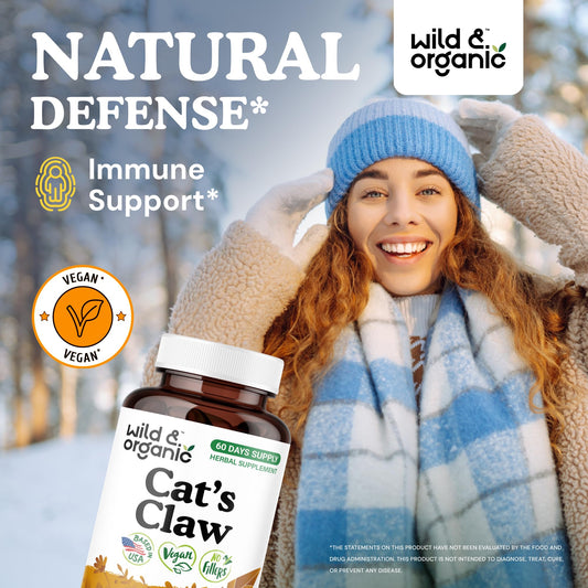 Close-up of Wild & Organic Cat Claw Capsules bottle label