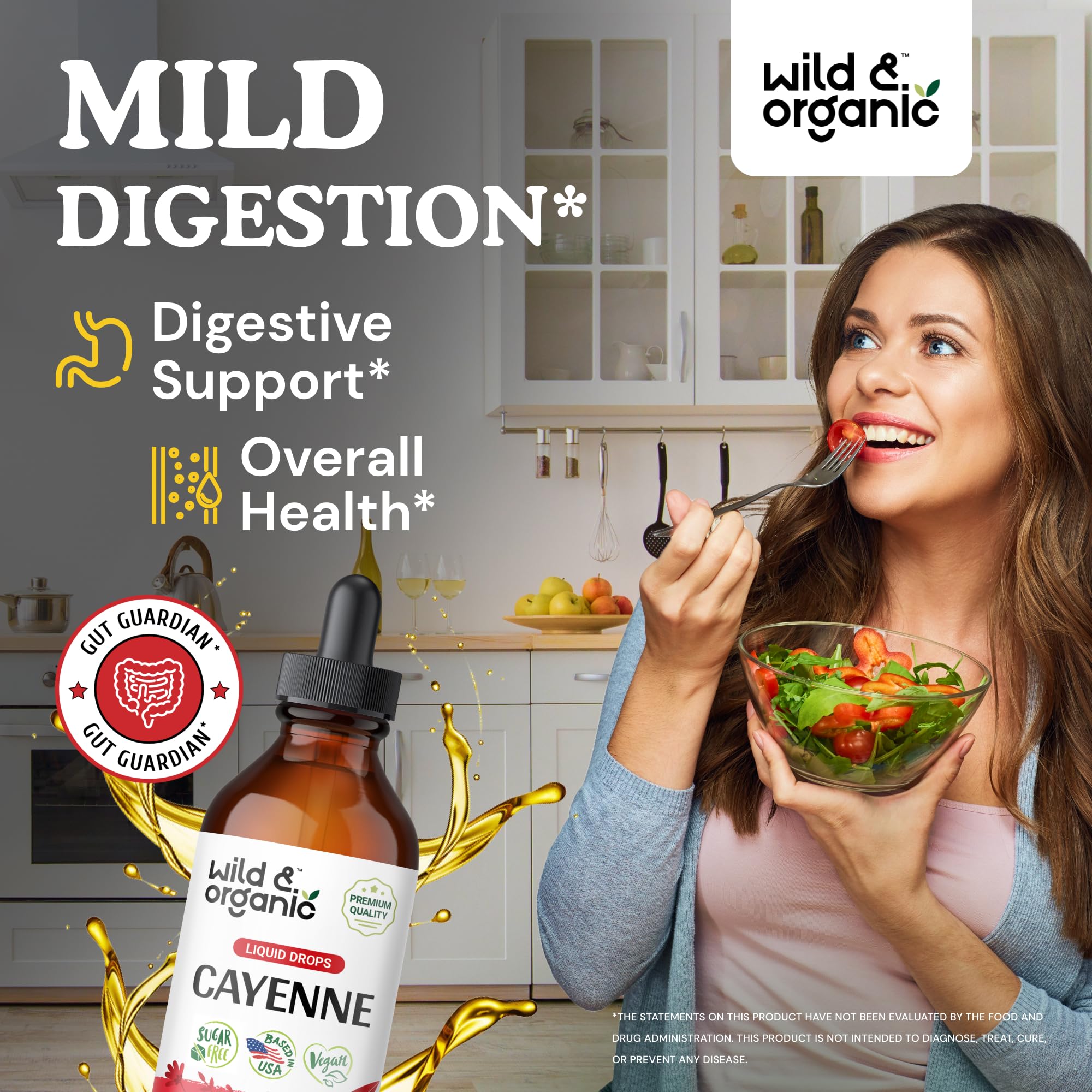 Wild & Organic Cayenne Pepper Tincture bottle back label detailing serving and ingredients.