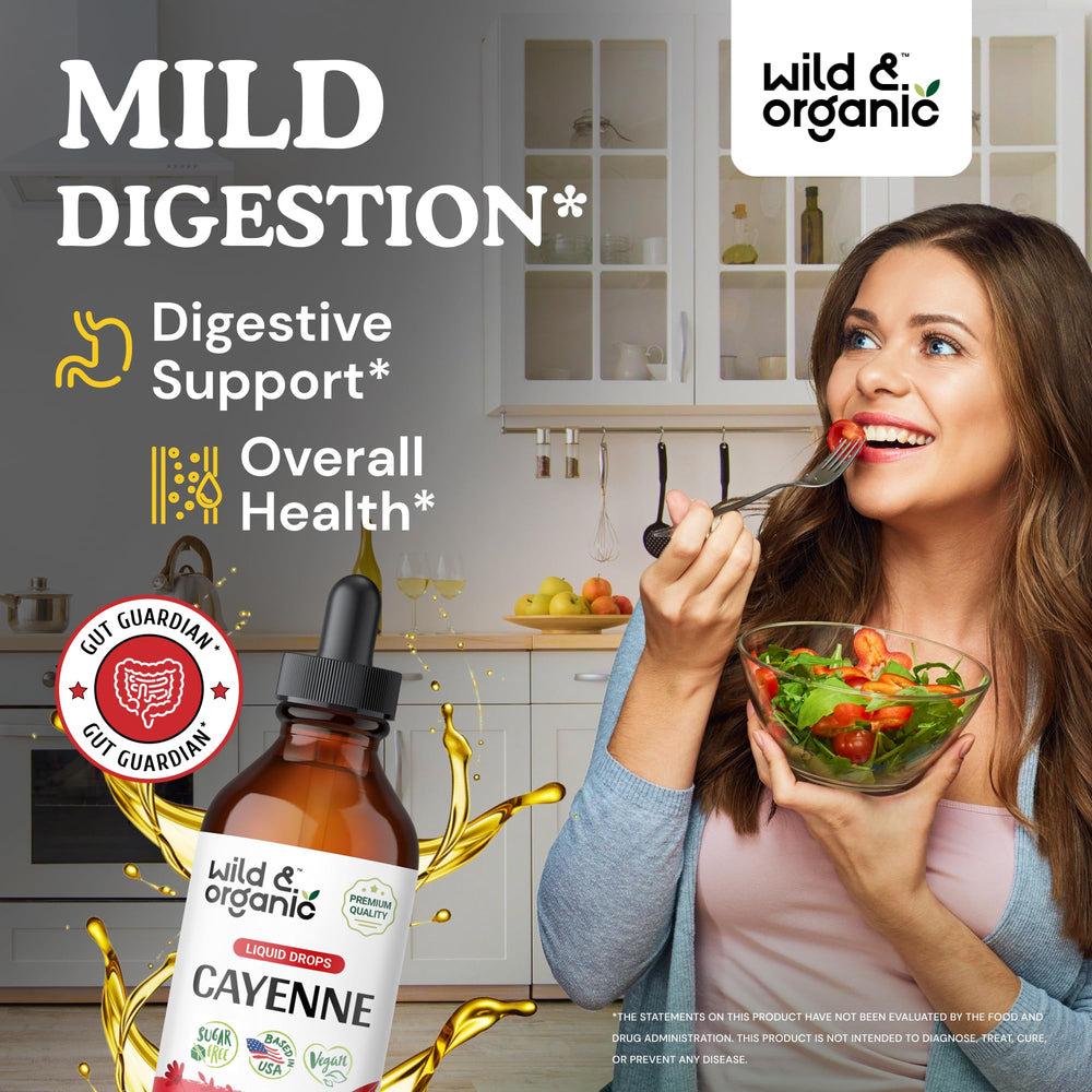 Wild & Organic Cayenne Pepper Tincture bottle back label detailing serving and ingredients.