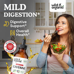 Wild & Organic Cayenne Pepper Tincture bottle back label detailing serving and ingredients.