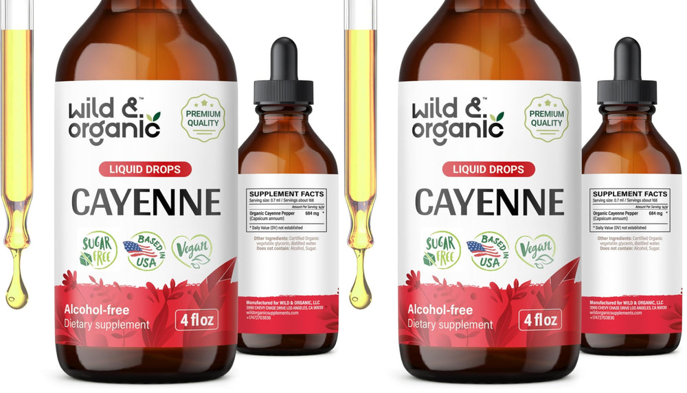 Wild & Organic Cayenne Pepper Tincture bottle front with vegan, alcohol-free formula.