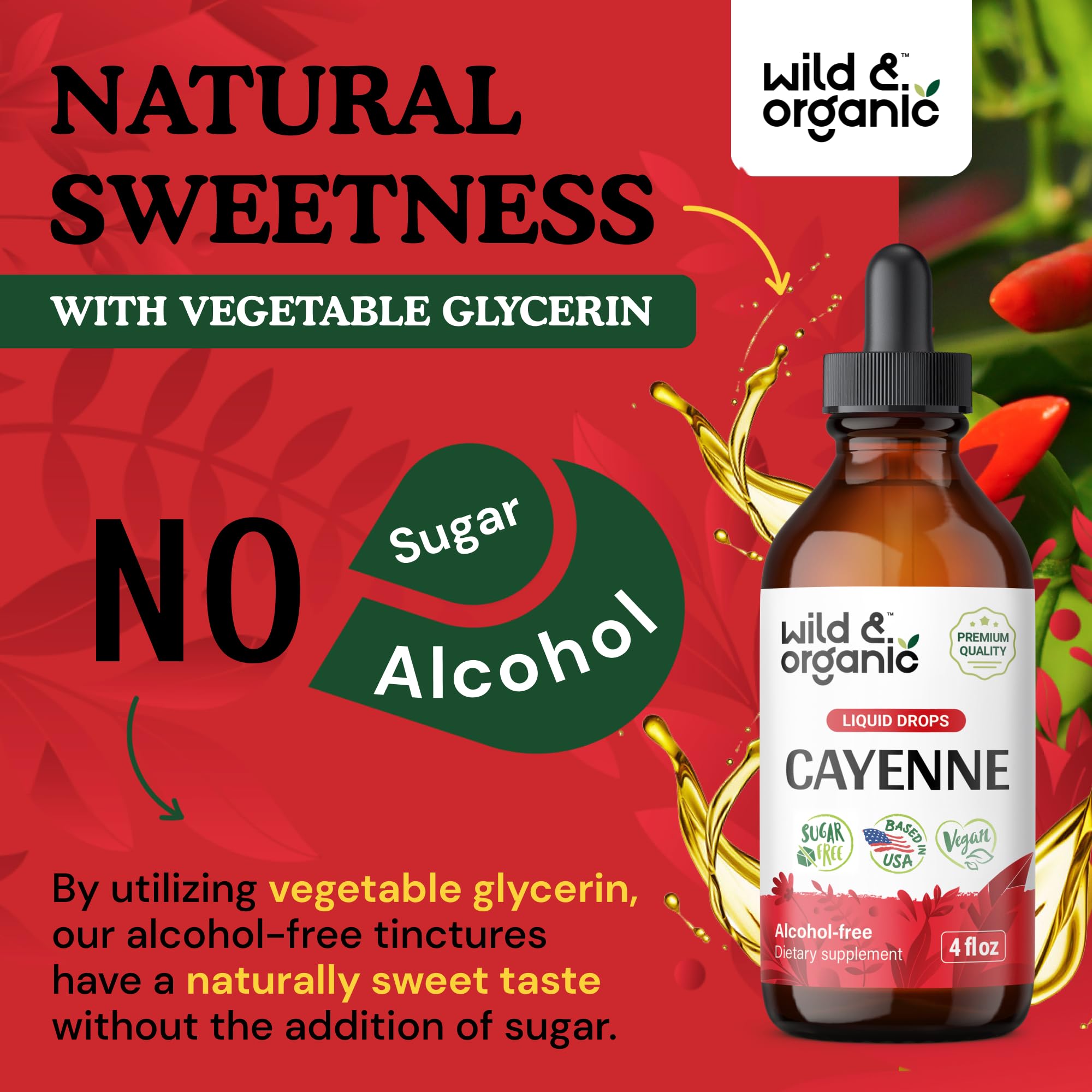 Wild & Organic Cayenne Pepper Tincture label highlights vegan formula.