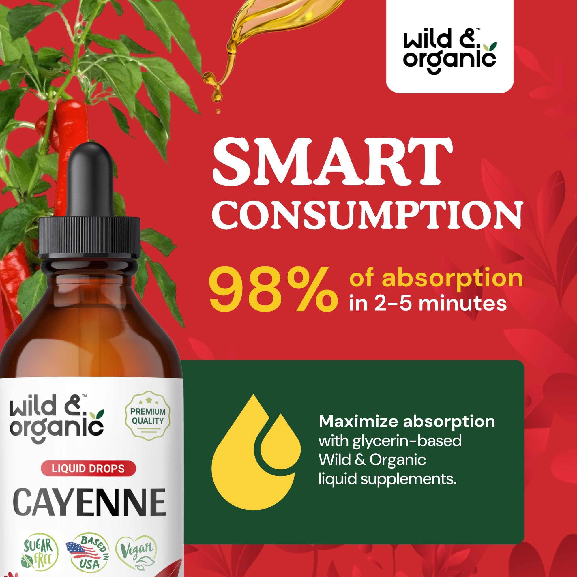 Wild & Organic Cayenne Pepper Tincture pour showing glycerin-based liquid texture.
