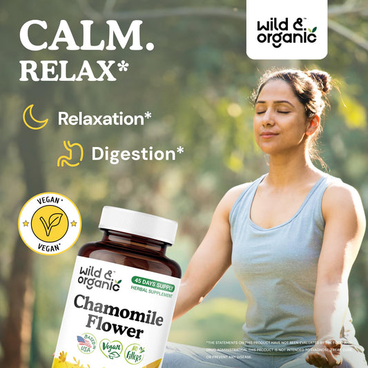 Back view of Wild & Organic Chamomile Capsules packaging with supplement facts
