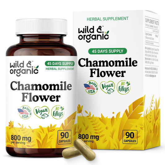 Front view of Wild & Organic Chamomile Capsules bottle, 800 mg