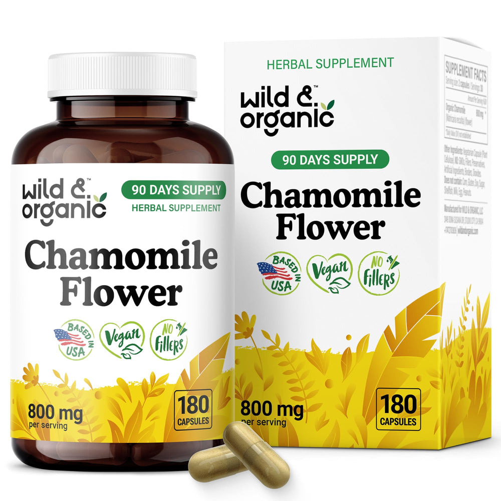 Wild & Organic Chamomile Extract Capsules bottle front view (800 mg)
