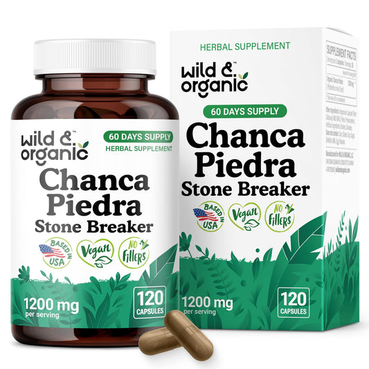 Bottle of Wild & Organic Chanca Piedra capsules on white background