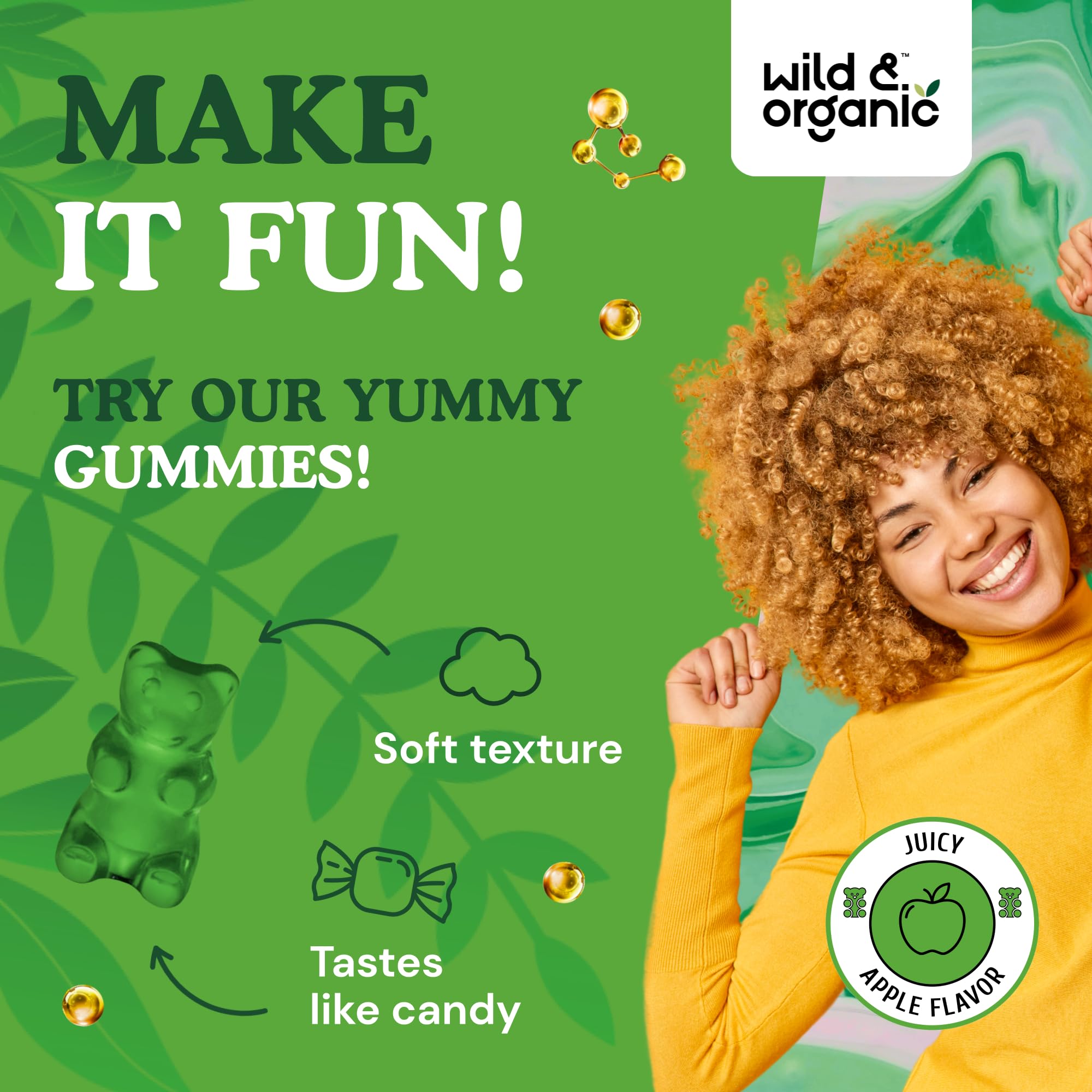 Apple-flavored chlorophyll gummies on white background