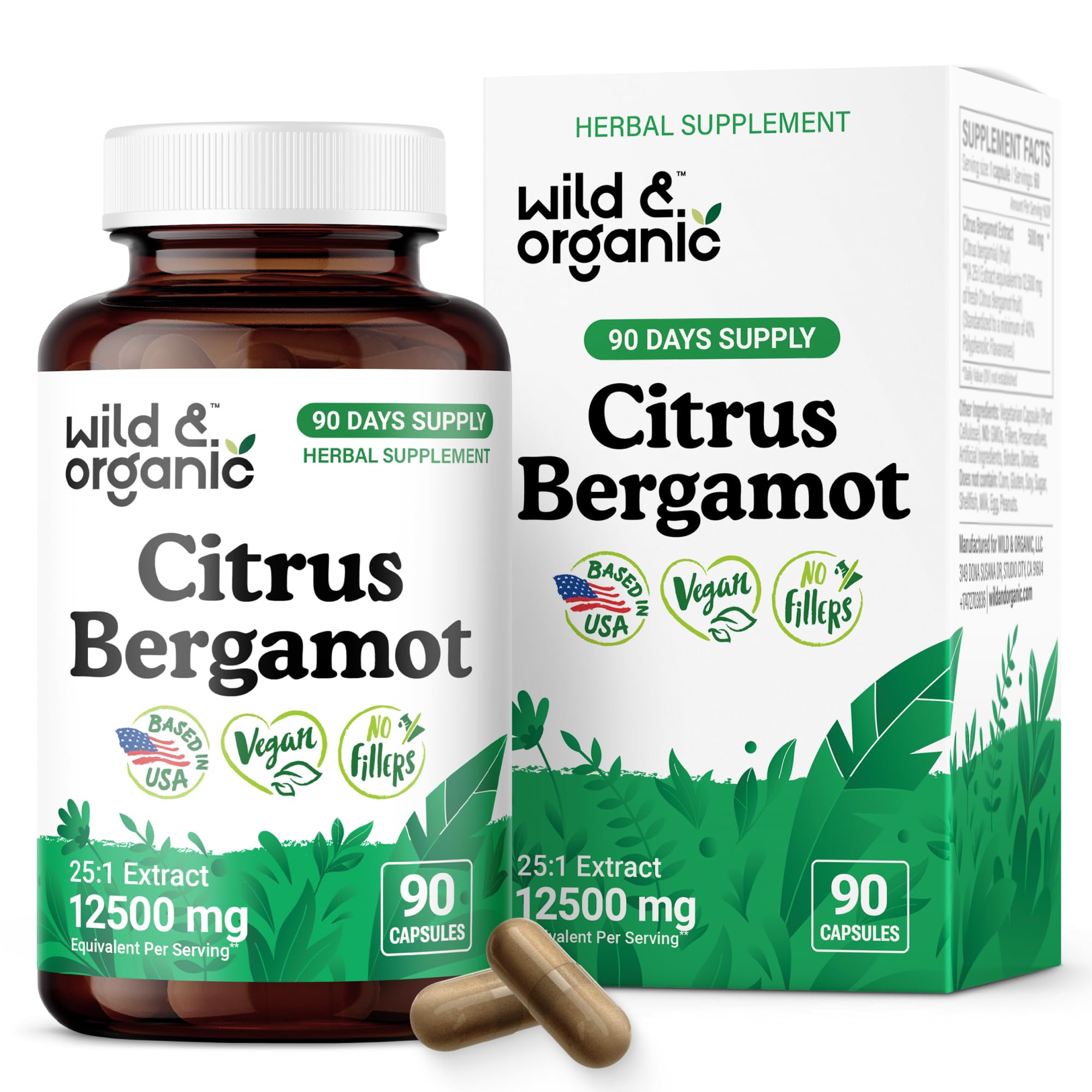Wild & Organic Citrus Bergamot Capsules bottle with 500 mg label