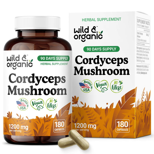 Front view of Wild & Organic Cordyceps Capsules 1200 mg bottle