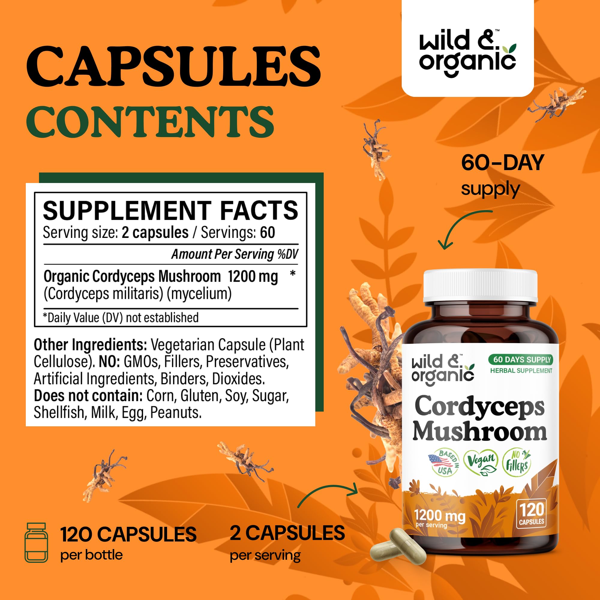 Vegan capsule coating and non-GMO label on bottle