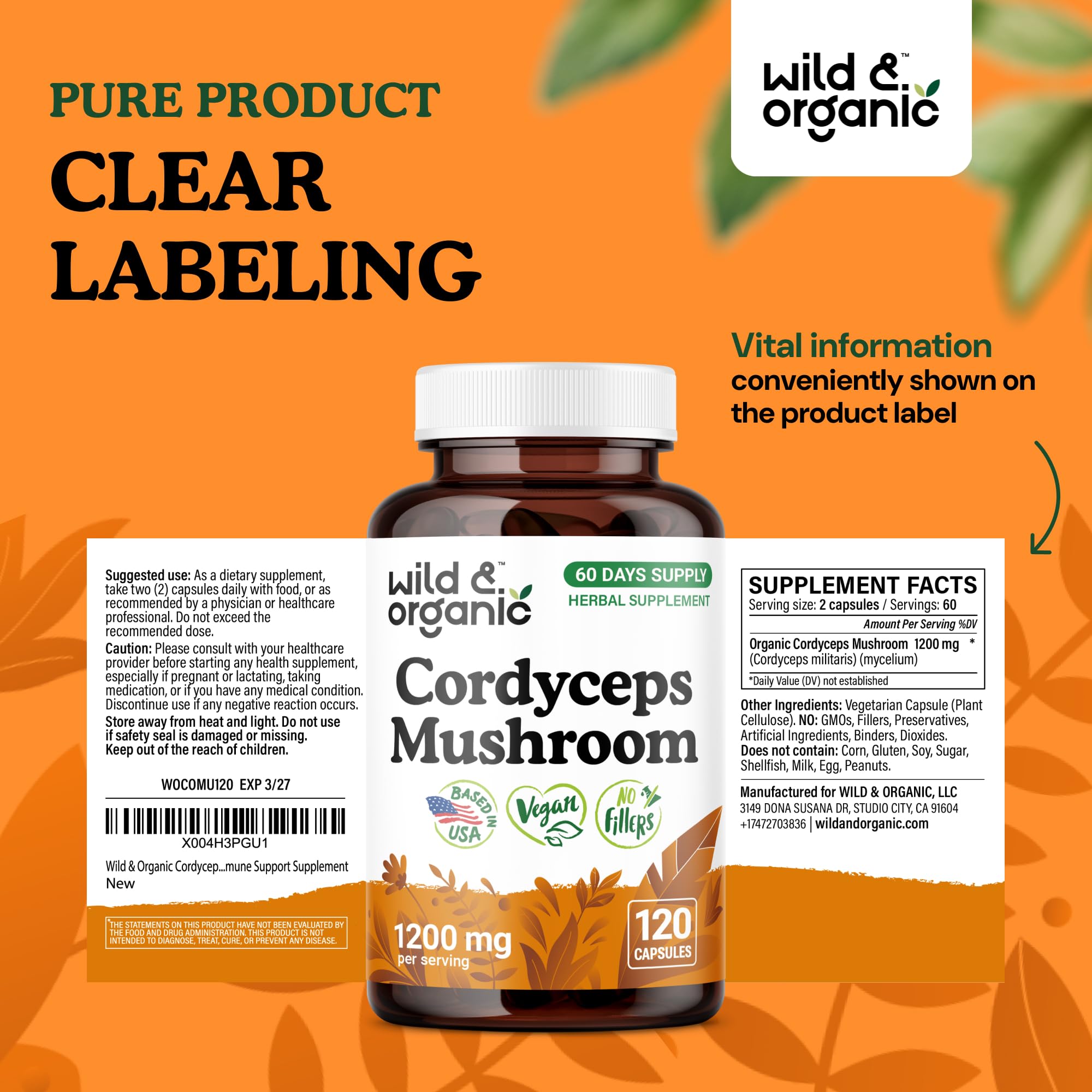 Supplement facts panel for Cordyceps Mushroom Capsules