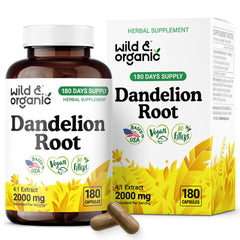 Wild & Organic Dandelion Root Capsules bottle on white background