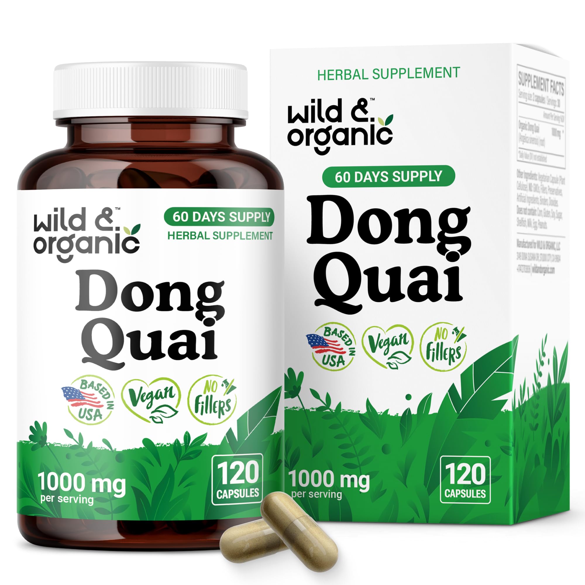 Front view of Wild & Organic Dong Quai Capsules for Women bottle (120 count)