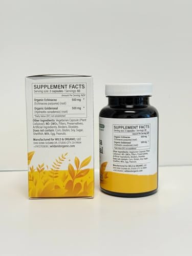Front view of Wild & Organic Echinacea Goldenseal Capsules bottle on white background