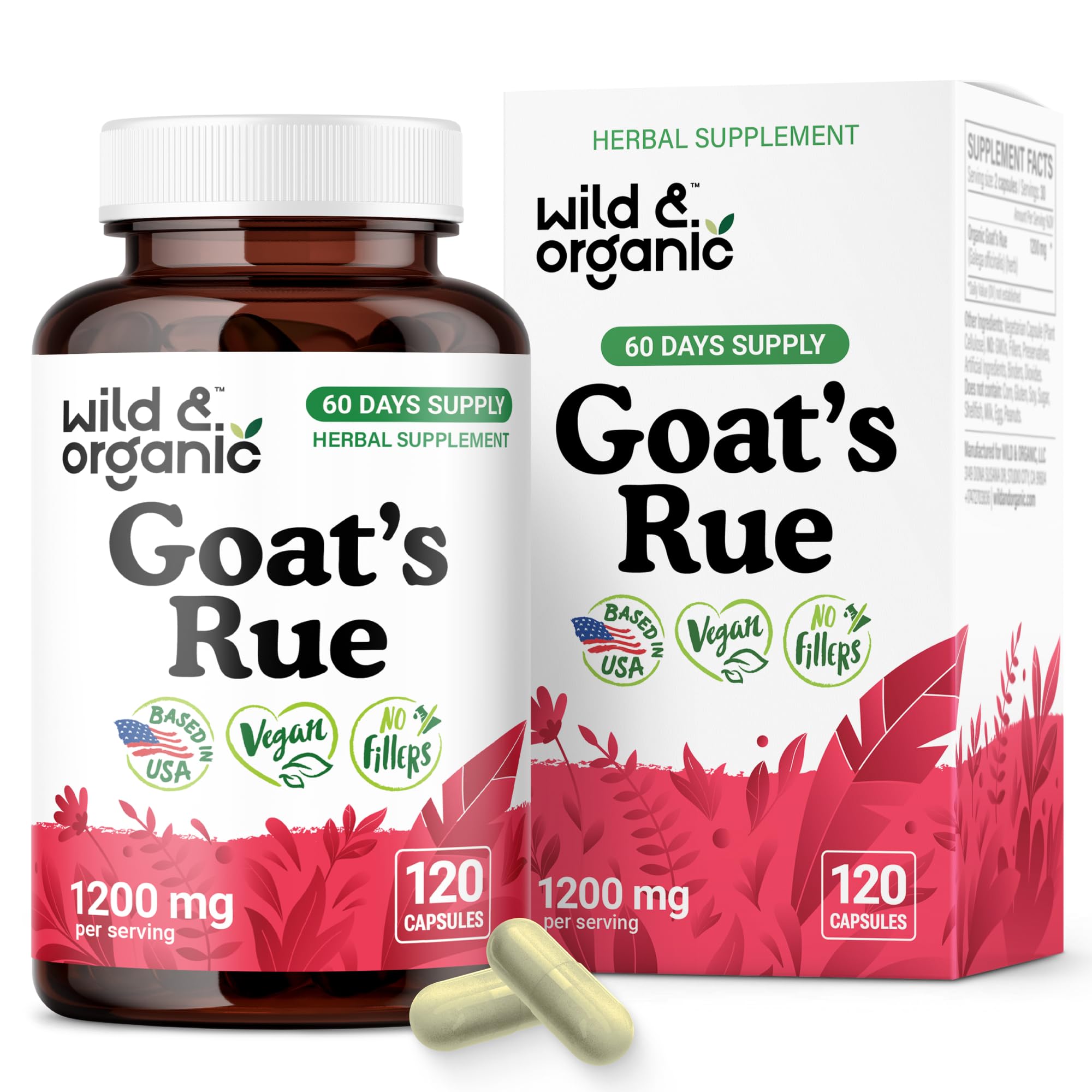 Front view of Wild & Organic Goats Rue Capsules bottle showing label
