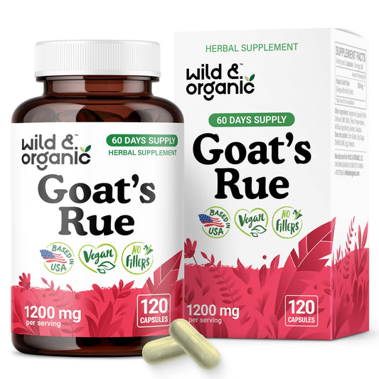 Front view of Wild & Organic Goats Rue Capsules bottle showing label
