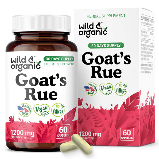 Front view of Wild & Organic Goat's Rue Capsules bottle labeled 1200 mg