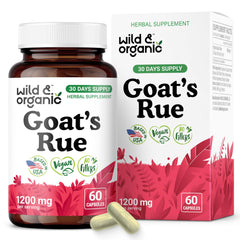 Front view of Wild & Organic Goat's Rue Capsules bottle labeled 1200 mg