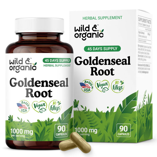 Wild & Organic Goldenseal Root Capsules bottle label showing 1000 mg per serving