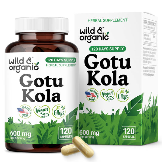 Wild & Organic Gotu Kola Capsules bottle front view showing 600 mg per serving