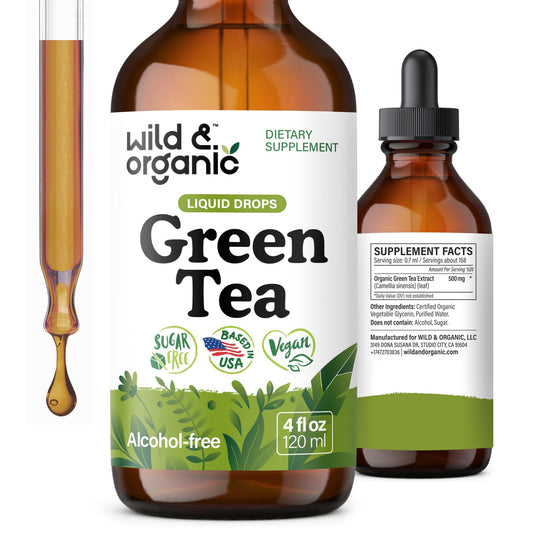 Front view of Wild & Organic Green Tea Extract Liquid Drops bottle