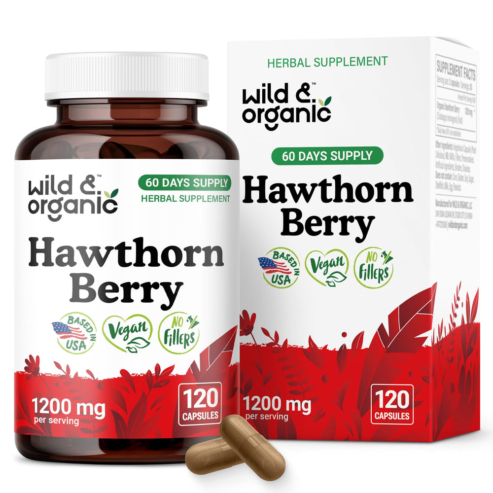 Front view of Wild & Organic Hawthorn Berry Capsules bottle showing 1200 mg per serving