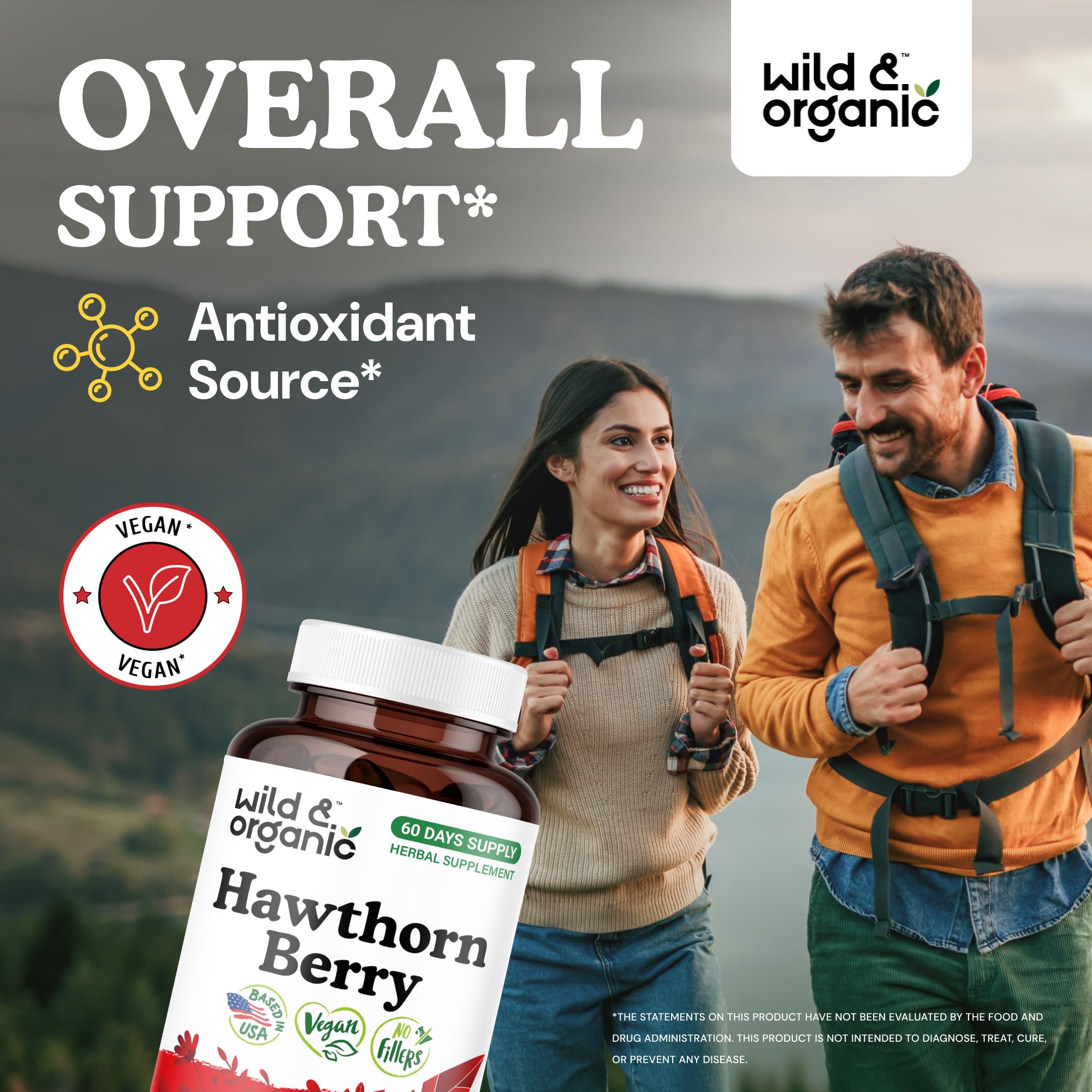 Product label for Wild & Organic Hawthorn Berry Capsules with 1200 mg per serving