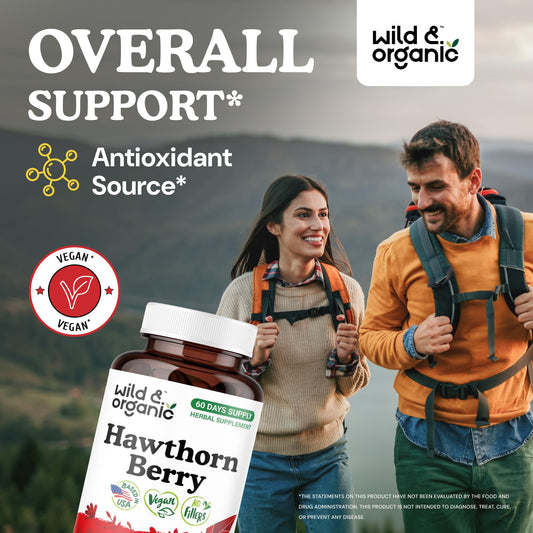 Product label for Wild & Organic Hawthorn Berry Capsules with 1200 mg per serving