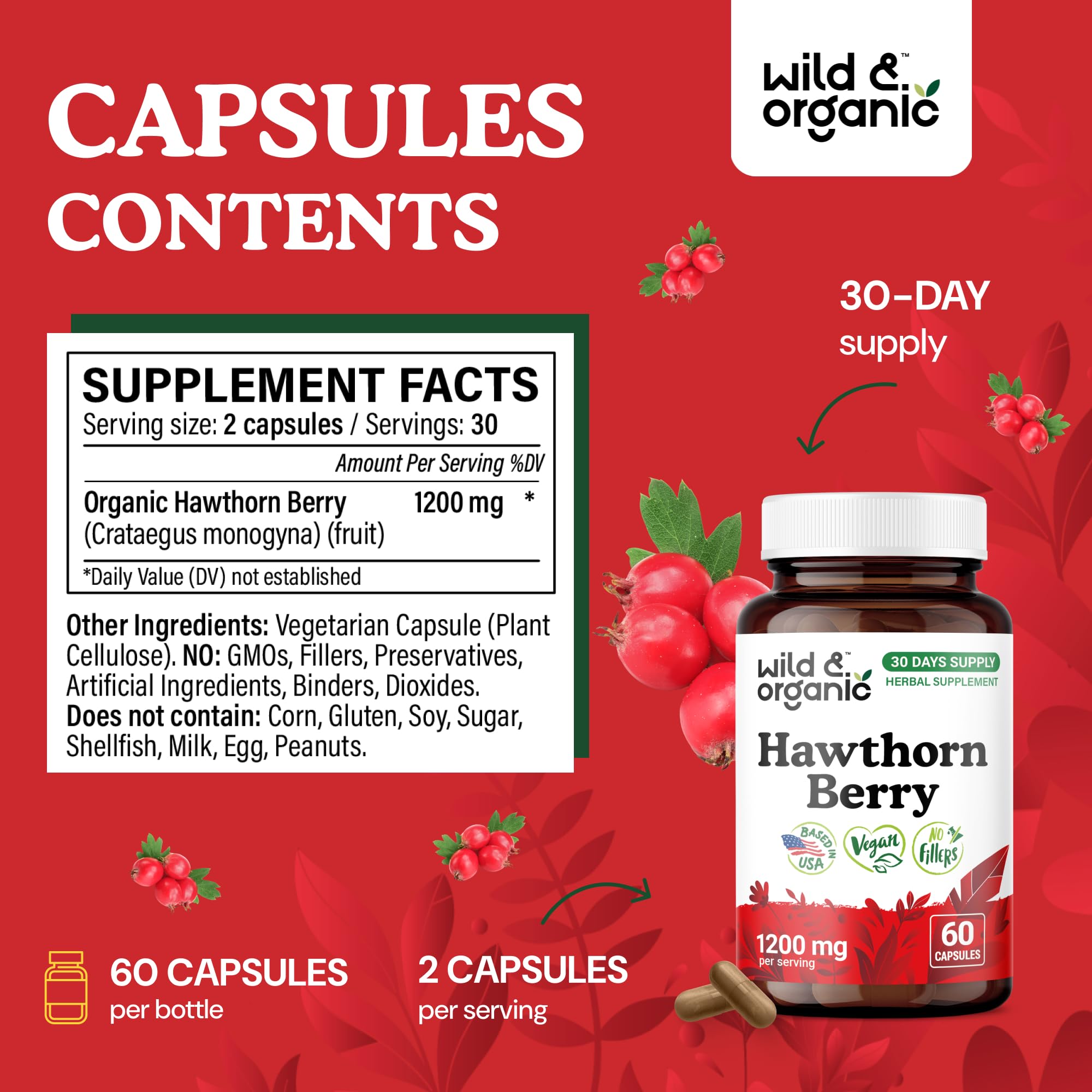 Front label of Wild & Organic Hawthorn Berry Capsules bottle