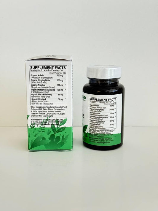 Close-up of mullein leaf, stinging nettle, angelica and ginseng ingredients